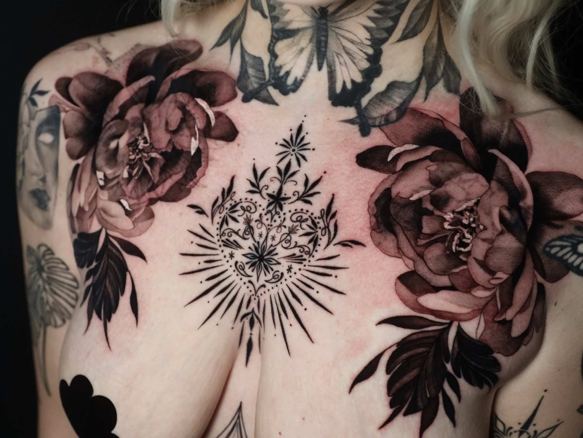 Botanical Chest Piece — Black & Grey Realism tattoo by Alex Roze