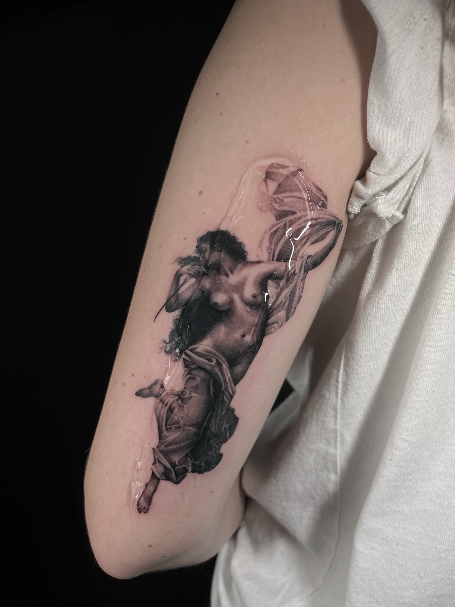 Renaissance Figure — Micro-Realism tattoo by Alex Roze in forearm