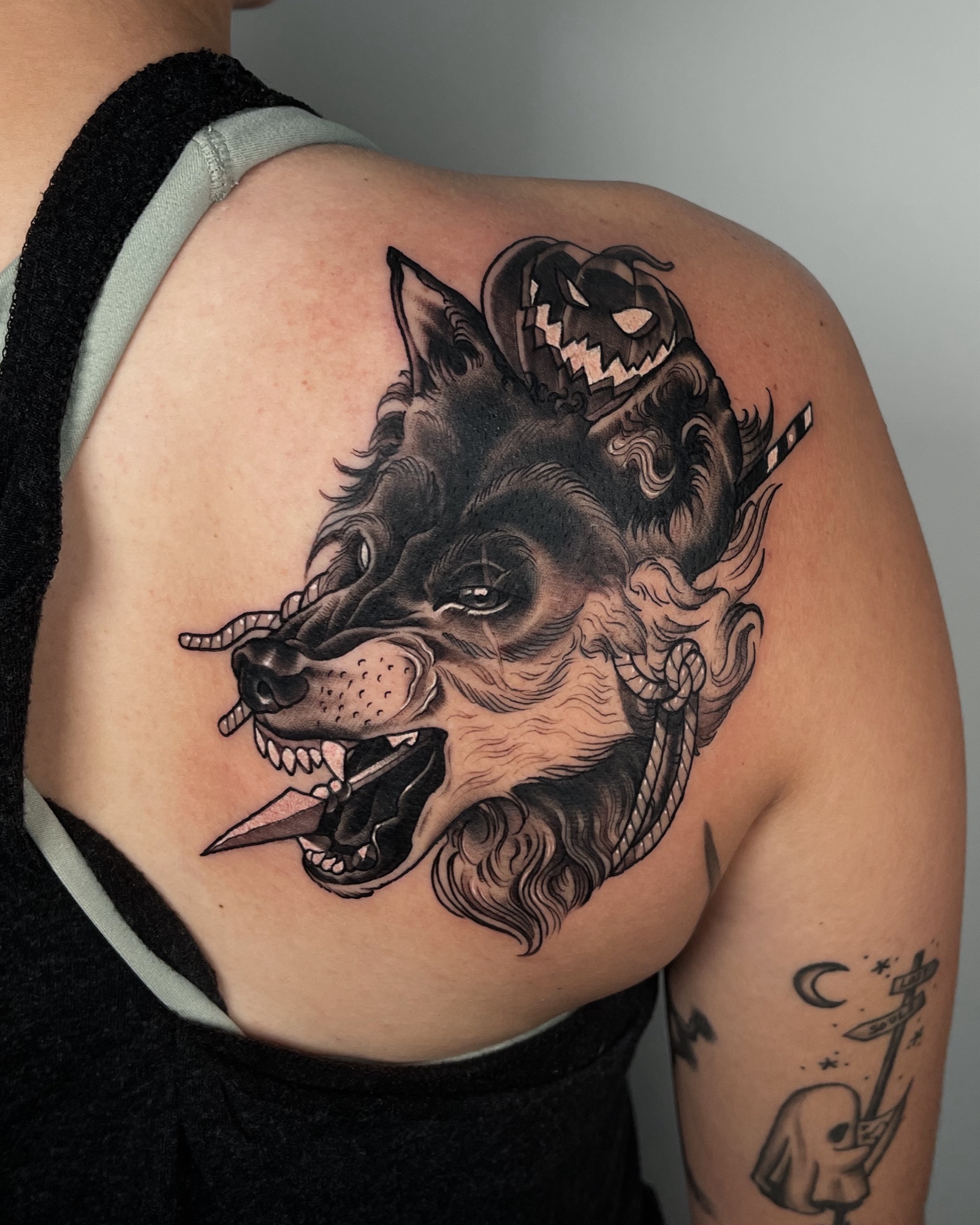 Wolf & Jack-o'-lantern — Neo-Traditional tattoo by Alex Roze in back